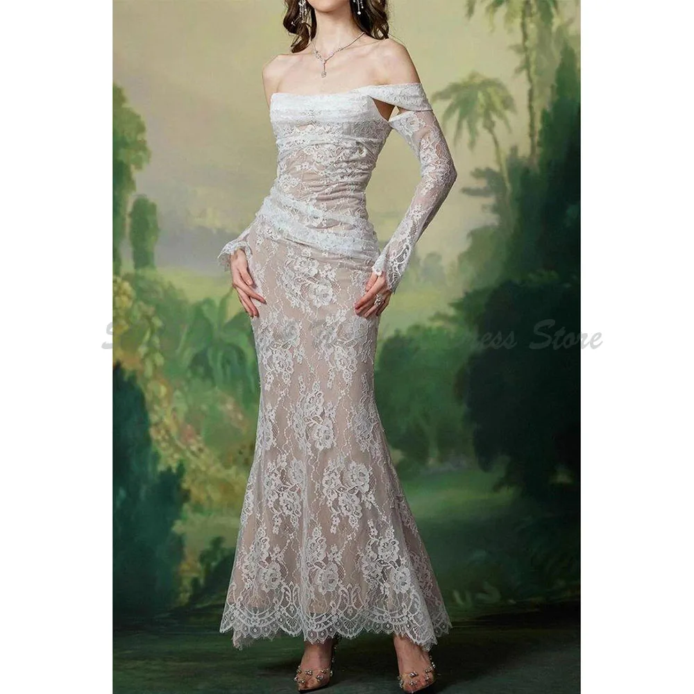 

Stylish Evening Dresses Women Lace Off The Shoulder Mermaid Long Sleeves Floor Length High Quality Banquet Party Female Gowns