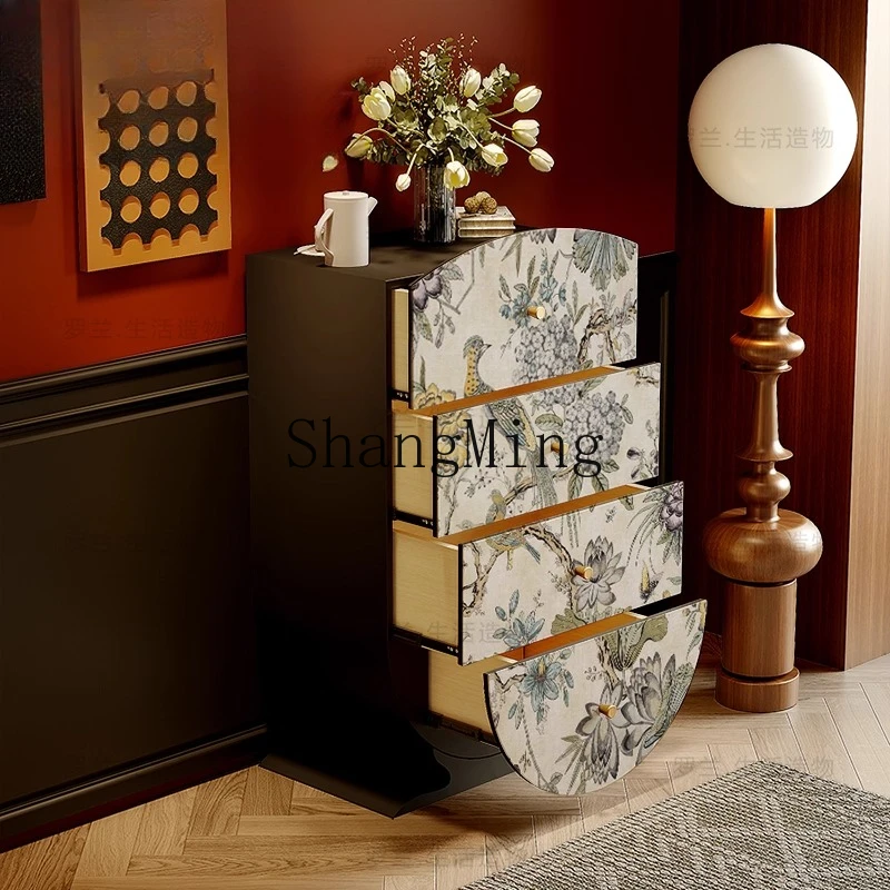 

FG cream wind flower bird solid wood four chest cabinet entrance foyer living decorative storage bedroom bedside stand cabinet