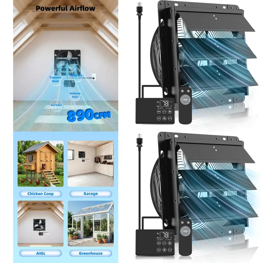 

10 Enhanced Shutter Exhaust Fan with Temperature Control and Remote for Wall Mounting in Attics, Greenhouses, Sheds, Chicken Coo