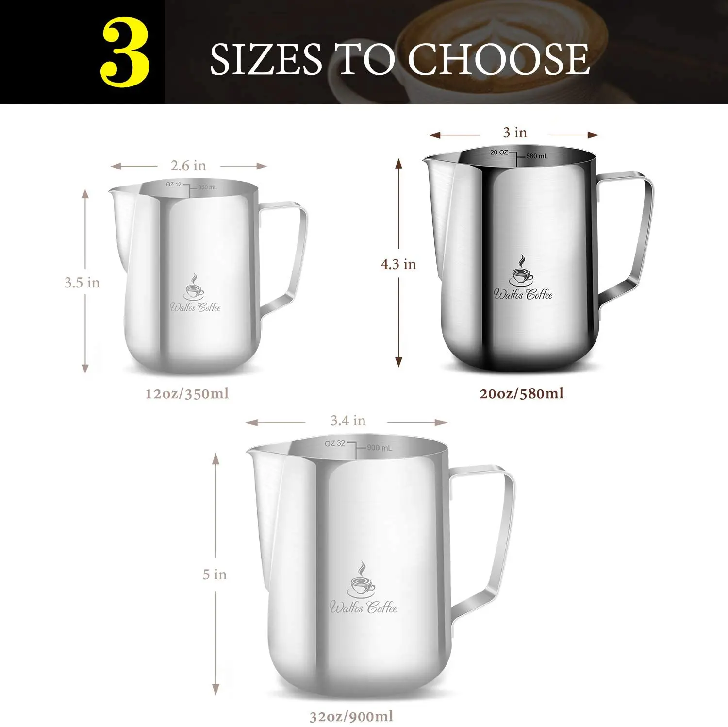 WALFOS Style Espresso Coffee Milk Mugs Cup Pots Jug Handle Craft Coffee Garland Cup Latte Jug Thickened Stainless Steel