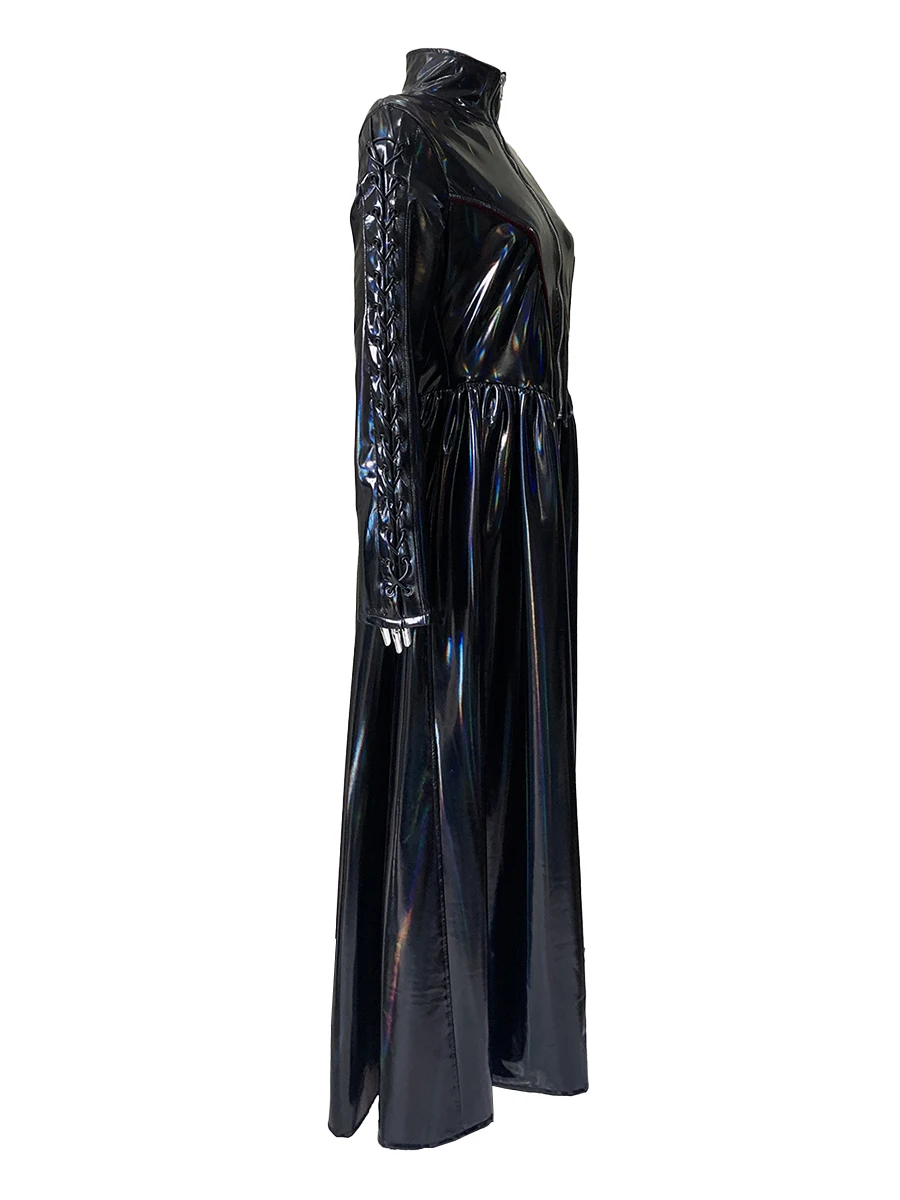 Spring Autumn Long Shiny Reflective Thin Soft Holographic Black Trench Coat Women Zip Up Runway Punk Style European Clothes 2025