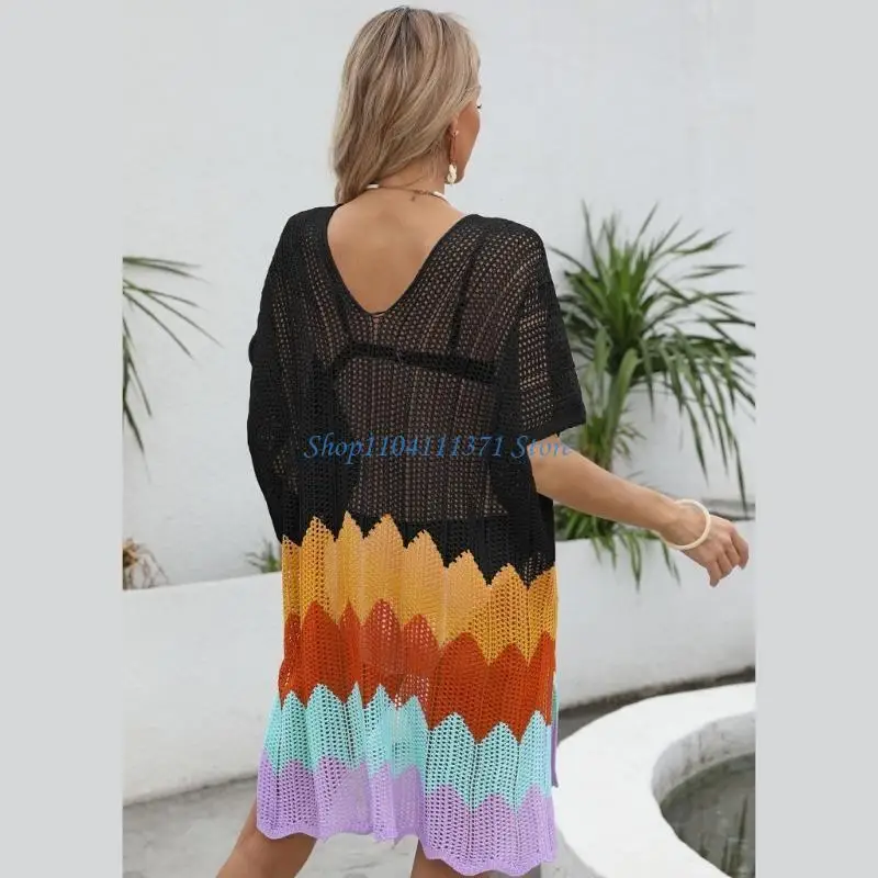 P9FC Women Knitted Beach Dress Contrast Color Bathing Suit Cover Up V-Neck Beach Cover Up Hollow out Swimsuit Cover Up