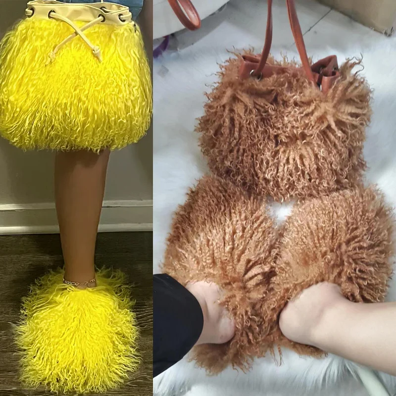 New Luxury Mongolian Fur Slippers For Women Fluffy Mongolian Fur Slides And Fur Bag Set Plush Wool Flip Flops Handbags Purses