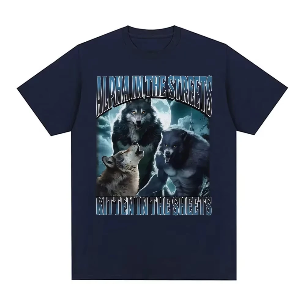 مضحك ألفا في الشوارع هريرة في الأوراق تي شيرت بالذئب ميمي تي شيرت الرجال النساء عادية الراحة القطن المتضخم تي شيرت