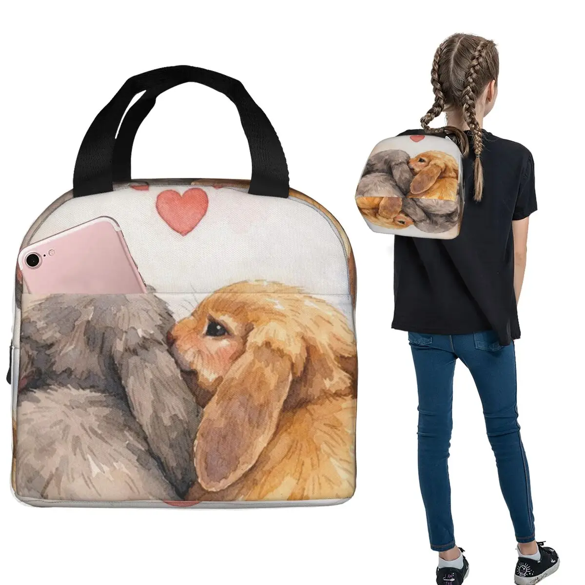 Cute Cartoon Two Little White Rabbits Insulated Lunch Bag for Women Kids Leakproof Food Boxes Thermal Lunch Box Tote