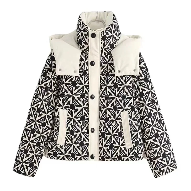 

New Outerwear Winter Jackets for Women Prints Color Clash Hooded Down Coats Single Breasted Zipper Long Sleeve Clothes Fashion