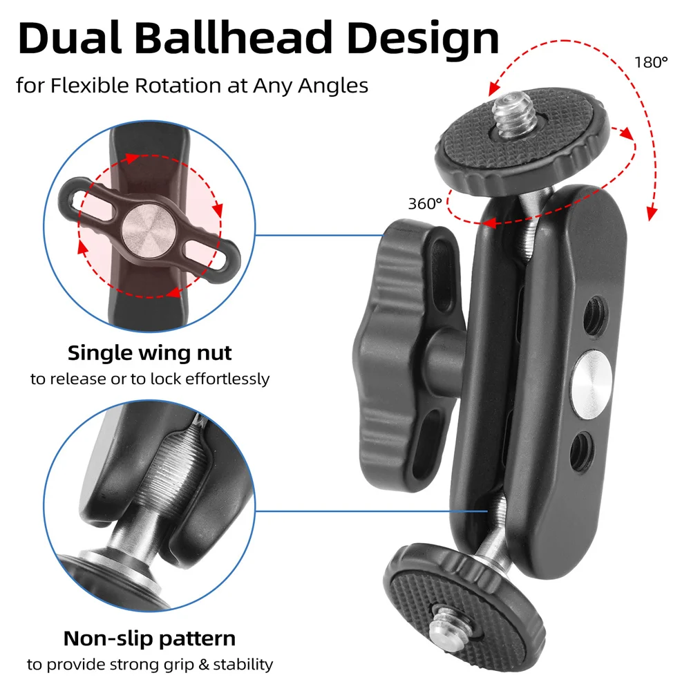 2024ใหม่แขนมายากลหัวบอลคู่ทำจากโลหะพร้อมตัวยึดสกรู1/4 360สำหรับกล้อง DSLR และกล้องวิดีโอขาตั้งกล้องแบบสามขา