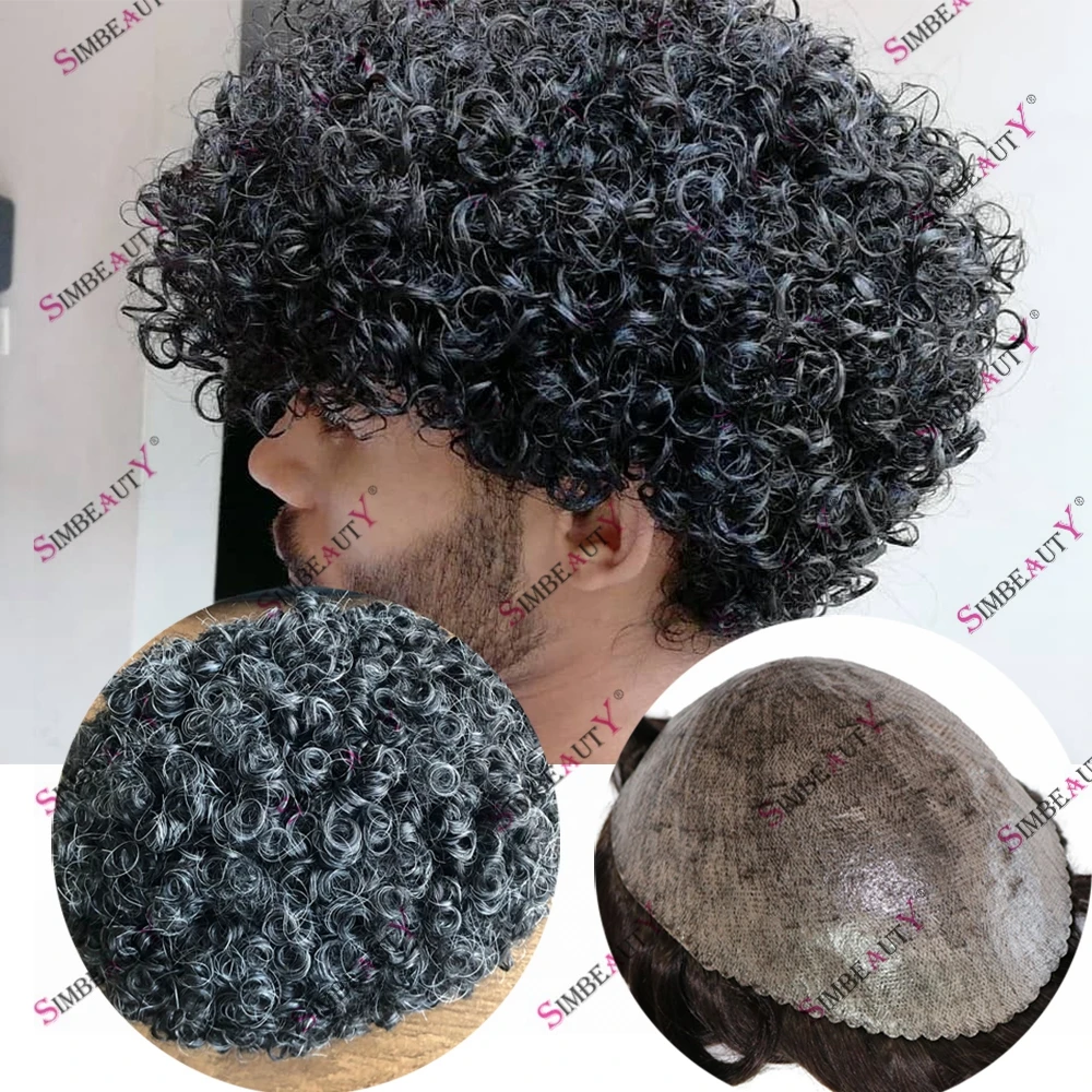 

Jet Black 100% Human Hair 15mm Afro Curly Mens Toupee Skin Base 1B10 Gray Hair PU Wigs for Male Capillary Prosthesis Hair System