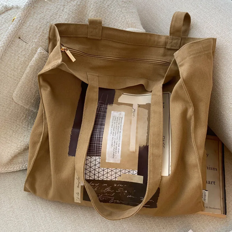 Poetry Lifest Creative Pattern Design Pattern Cotton Canvas Bag Fashion Style Zipper One Shoulder Shopping Handbag