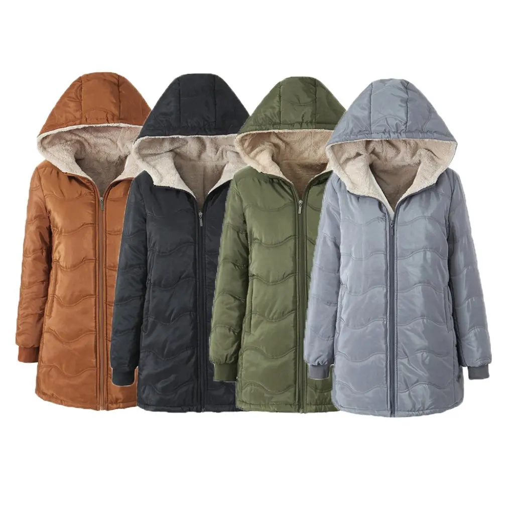 

Women's Hooded Jacket Autumn Winter Warm Cotton-Padded Imitation Lamb Wool Long Loose Fleece-Lined European American Style