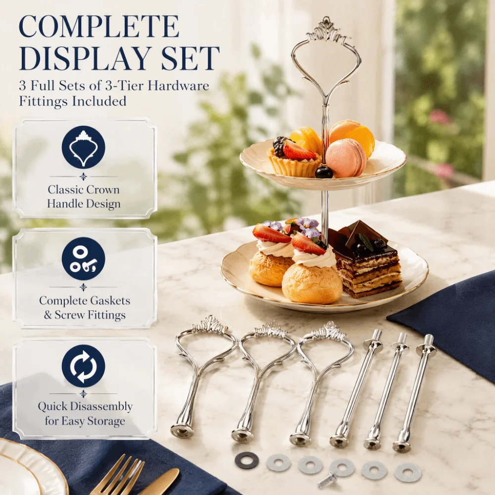 3 set 2 Tier Cake Plate Stand Handle Aluminum alloy Silver 2 Tier Cupcake Tray Crown Shaped Stable Tiered
