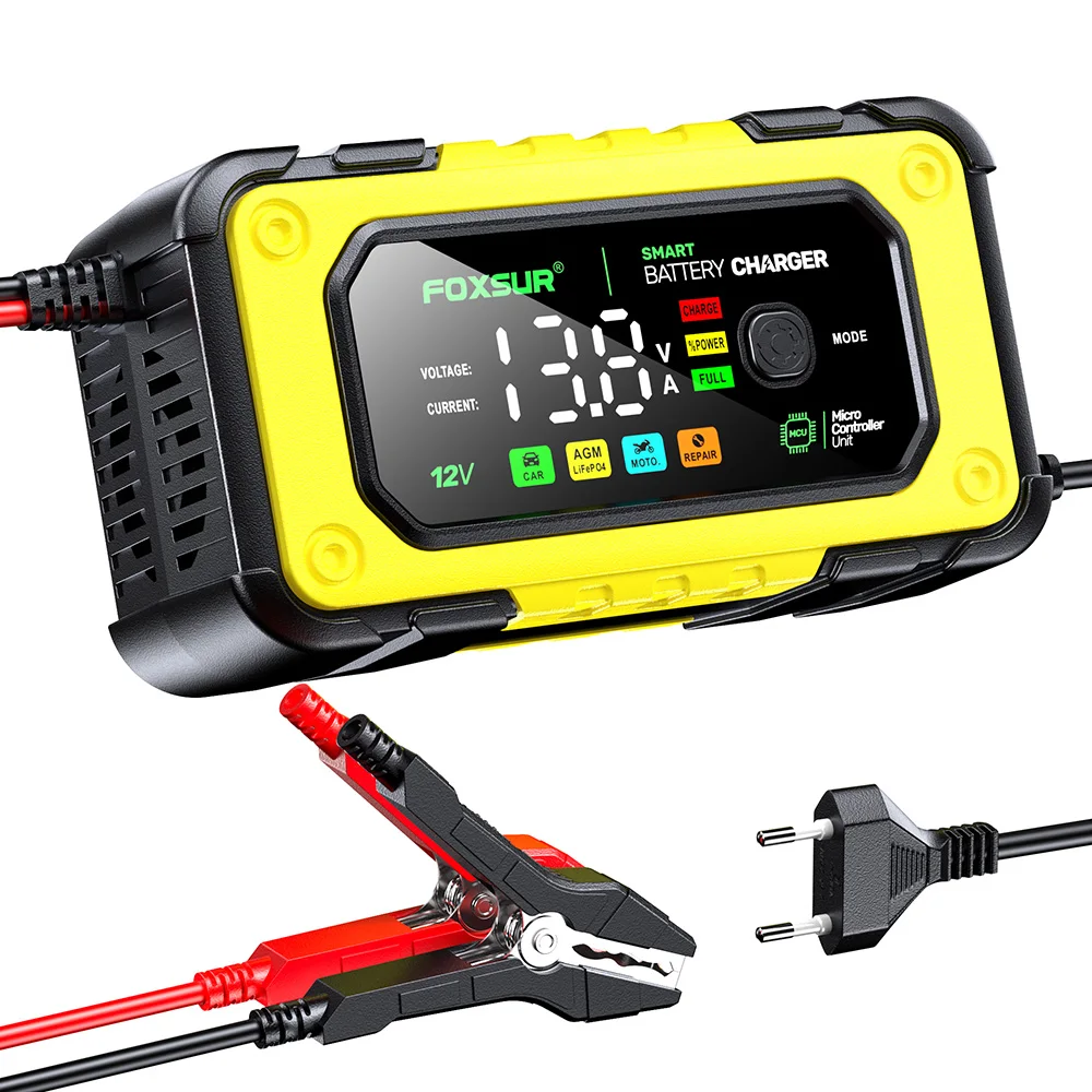 FOXSUR Car Battery Charger 12V 7A 10A Batteries 7-Stage Charging Pulse Repair with Digital LCD Display for Car Motorcycle