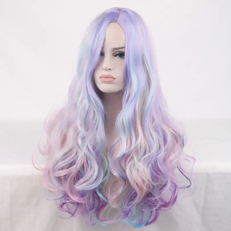 鮮やかなカールウィッグ、ロングヘア、パステルレインボーカラー、合成繊維、耐熱性シルク、センターパートスタイル