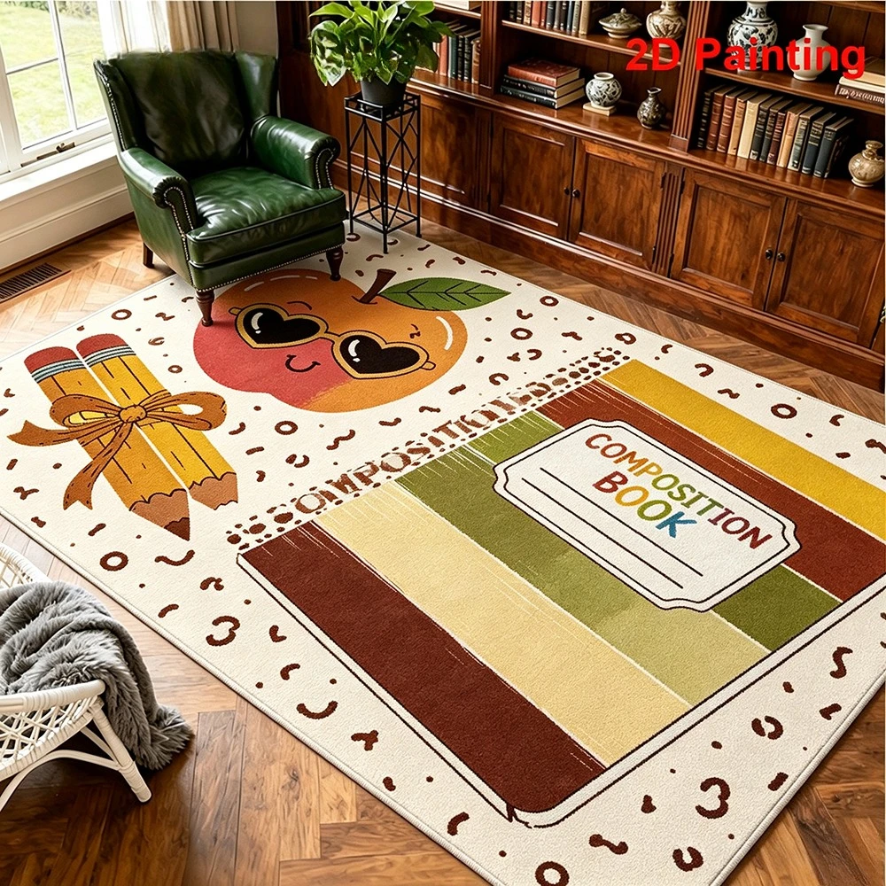 Composition Book Area Rug Cute Apple Pencil Colorful Stripes Teacher Classroom Style Bedroom Living Room Floor Carpet Mat Decor