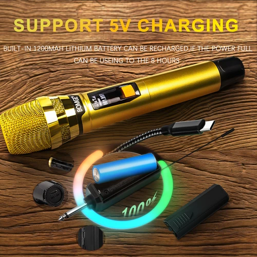 Imagen 2 del producto Sistema con micrófono inalámbrico profesional para Karaoke, DJ, 2 canales, con micrófono dorado brillante, receptor inalámbrico recargable para fiesta y DJ