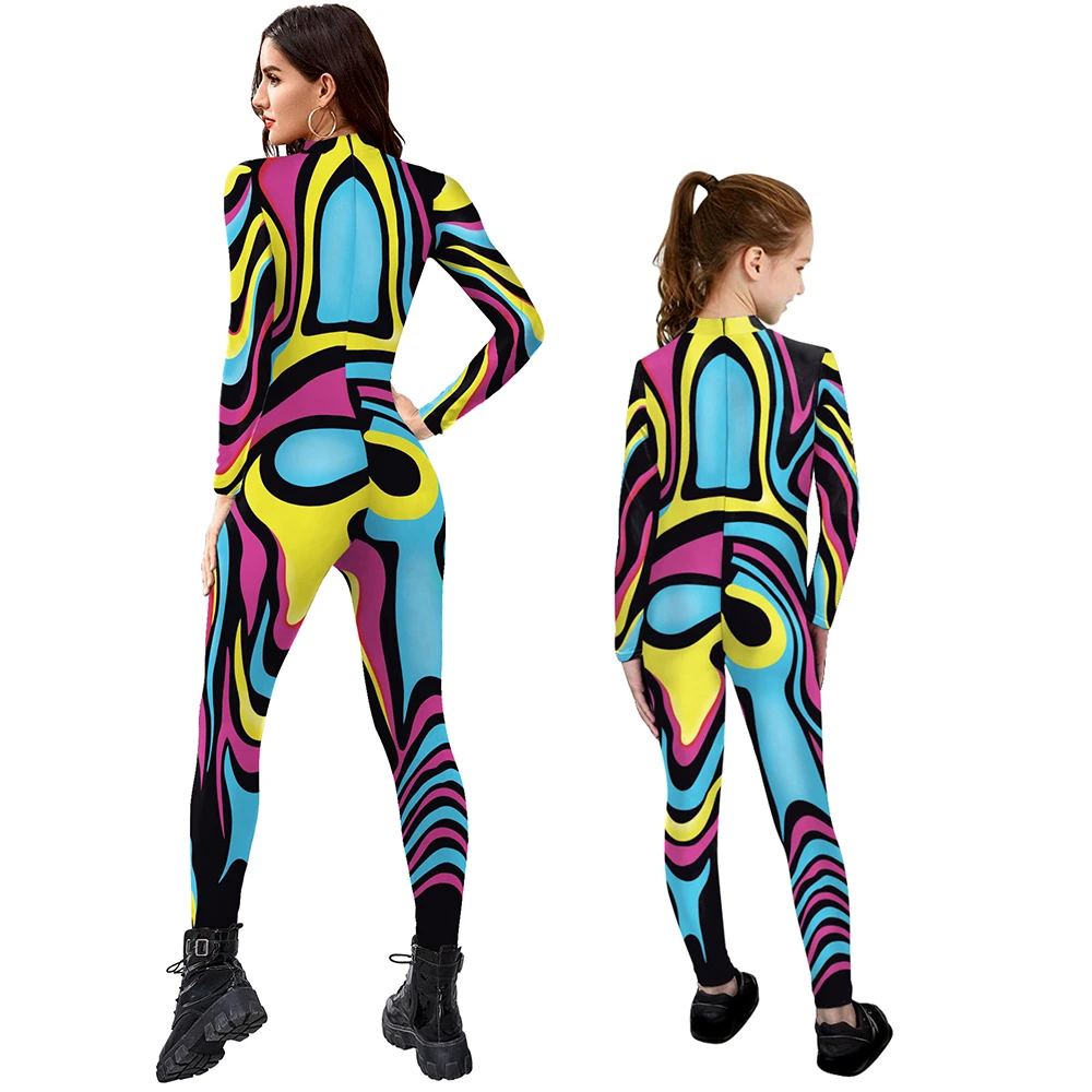 IOOTIANY Halloween tute abiti stampato Purim Cosplay Costume genitore bambino Sexy Rave body Zentai Muscle Suit