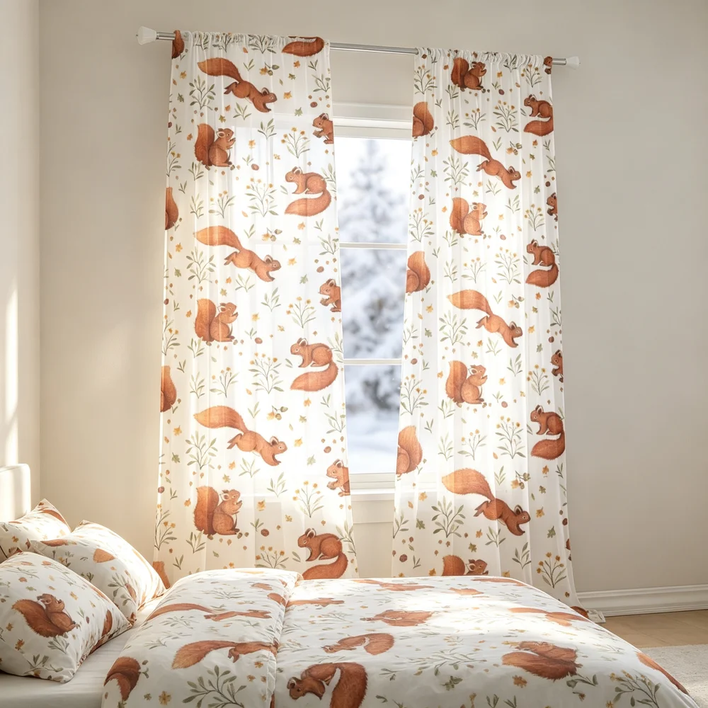 Curtain Rods - 2PCS Fall Curtains, Brown Squirrels Flowers