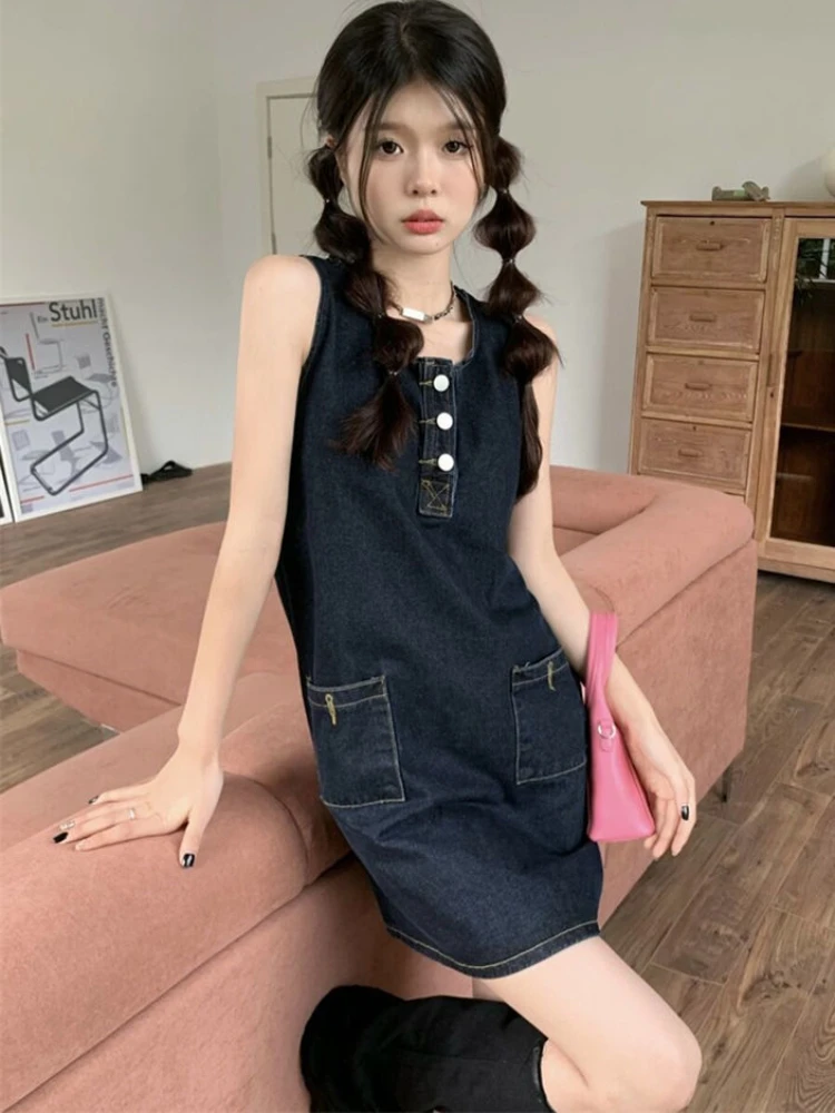 Denim Dresses for Women Mini Sexy Sleeveless Summer Students Solid Simple All-match Chic Retro Ulzzang Dark Blue Leisure Loose