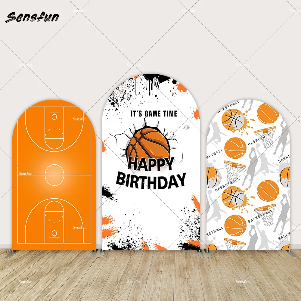 

Custom Basketball Boy Birthday Arch Cover Backdrops Orange Black Splash Sports Field theme Arched Wall Panels Banner 2-Sided