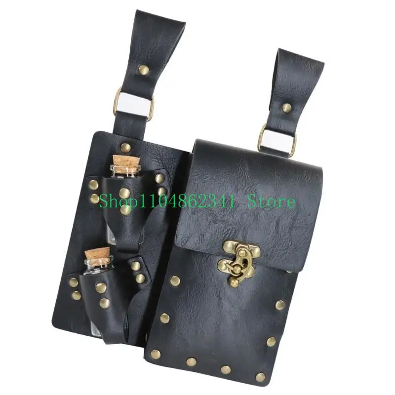 

Medieval Leather Belt Pouches with 2 Cork Potion Vials Wizard Waist Bag Medieval Leather Side Pack for Halloween Cosplay