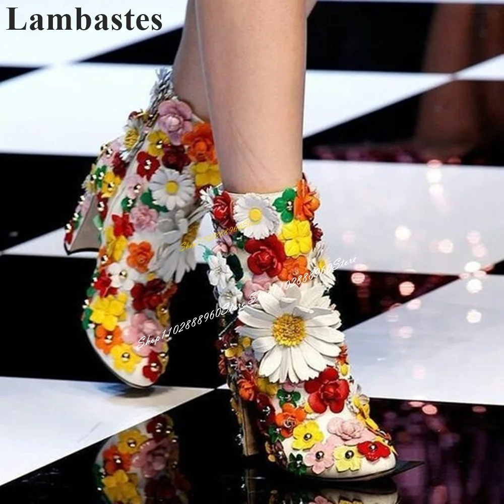 

Runway Mid Calf Mixed Color Flower Decor Boots Chunky High Heel Shoes For Women Side Zipper Open Toe 2024 Zapatos Para Mujere