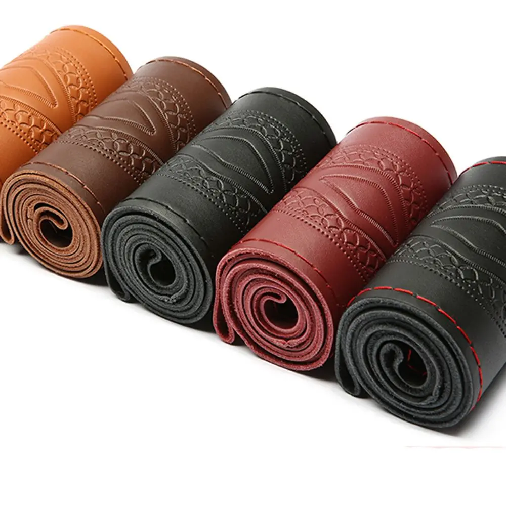 New Genuine Leather Car Steering Wheel Cover with Needles Thread Anti Slip 38cm Cowhide Braid Auto Steering Wheel Cover