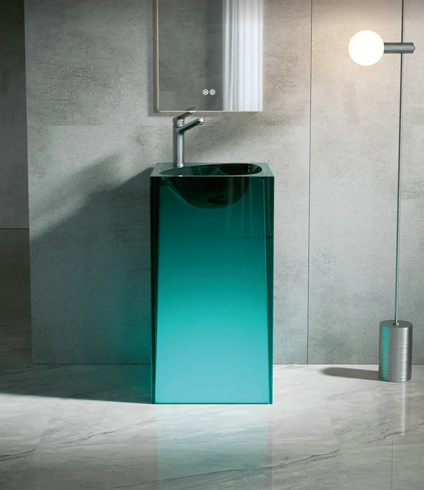 

Modern simple style colored transparent resin column basin, integrated floor standing washbasin, for hotel, bathroom YX644AD