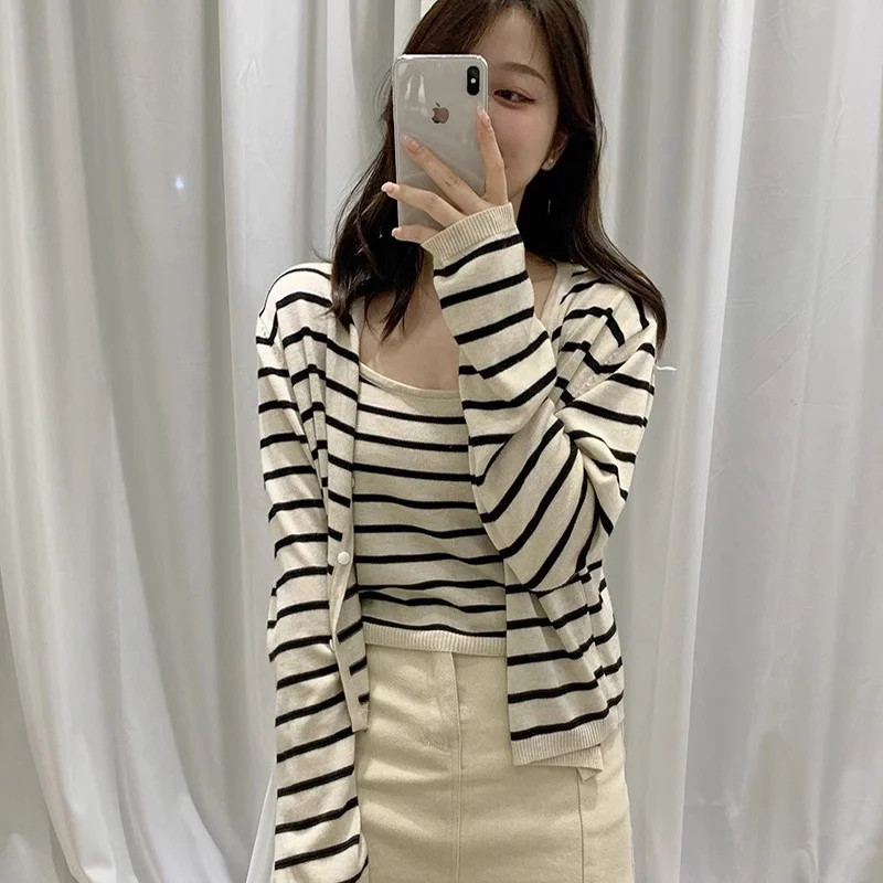Chic Korean Style Striped Long Sleeve V-Neck Knitted Open Cardigan Tank Top Women's Two-Piece Set Versatile Fashionable Top