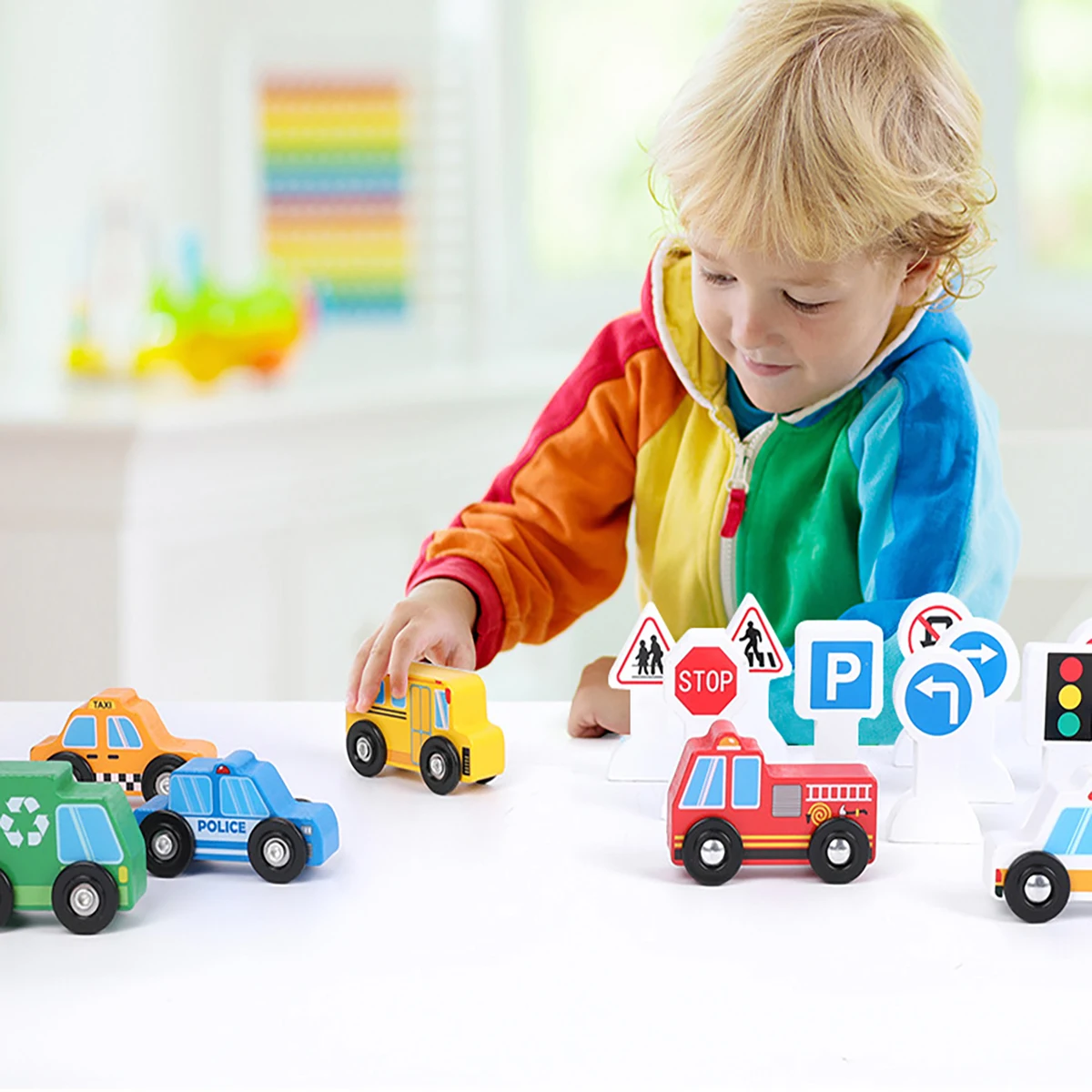 Wooden Cars Toy Set With 9 Traffic Signs and 6 Cars, Push And Go Wooden Vehicle Toys, Ideas Birthday Gift For Kids Ages 3+