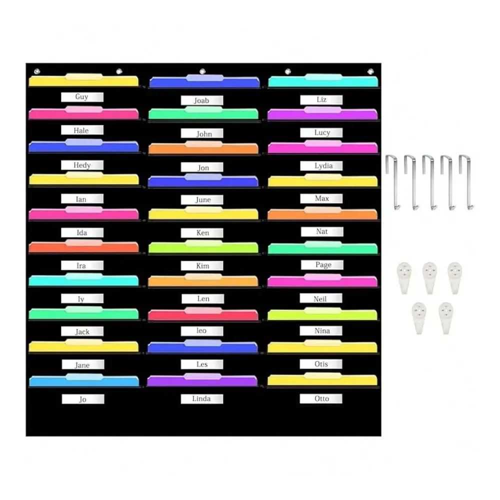 

Office StorageFile Holder Organizer Rack, 30 Pocket File Folder Black, Wall Mount, Folder Tabs, 5 Metal Hooks, Hang Desk File, L