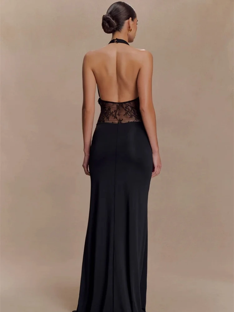 XIAOTANG licou dos nu froncé Sexy robe Maxi femmes mode maille voir à travers sans manches drapé moulante Club fête longue robe