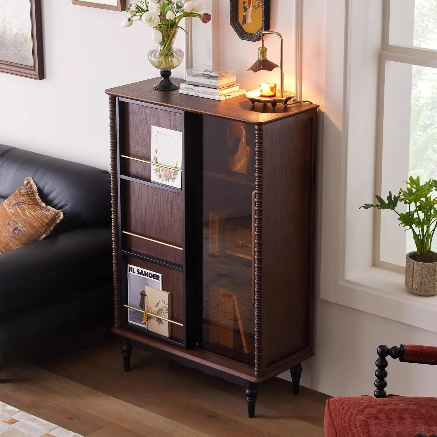 خزانة عرض من الخشب الصلب الفرنسي القديم مع باب زجاجي لغرفة المعيشة وخزانة تخزين منزلية عتيقة #2