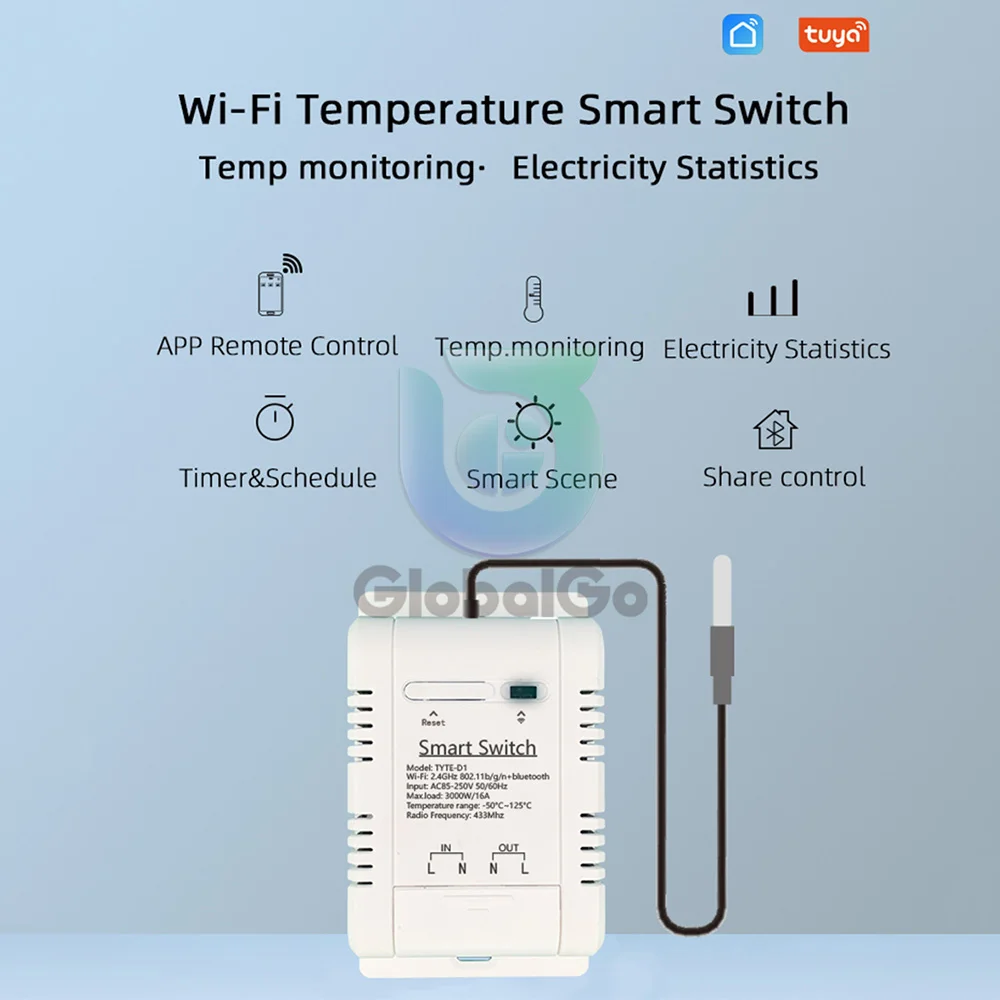 TYTHE-D2 Tuya Smart Switch AC85-250V 16A Temperature Humidity Monitoring WiFi Switch Wireless Control