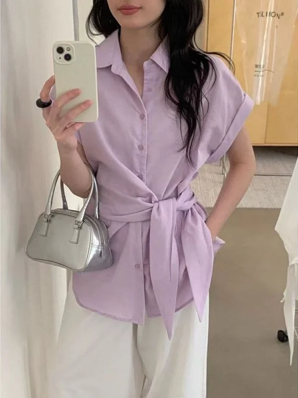 

Для похудения ort Sve irt, женский корейский воротник с поясом и завязкой на талии, тонкий материал, воротник обычной длины, лето