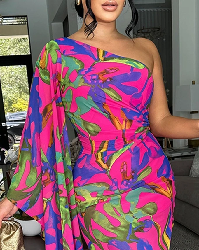 

Sexy Elegant Dresses for Women Plants Print One Shoulder Asymmetrical Hem Bodycon Dress New Fashion 2024 Summer Casual