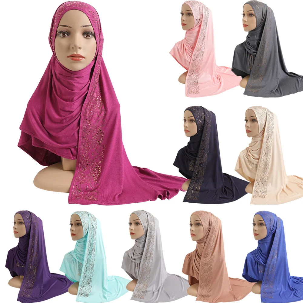 

Cotton Jersey Hijab Turban Muslim Long Scarf Rhinestone Modal Headscarf Islamic Hijabs Shawl Arabic Scarves Head Wrap Headwear