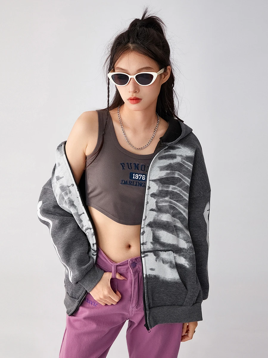 New Fashion Grunge Zip Up Hoodies Women Gothic Oversize Skeleton Print Graphic Sweatshirt Streetwear Hippie Goth Vintage Hooded