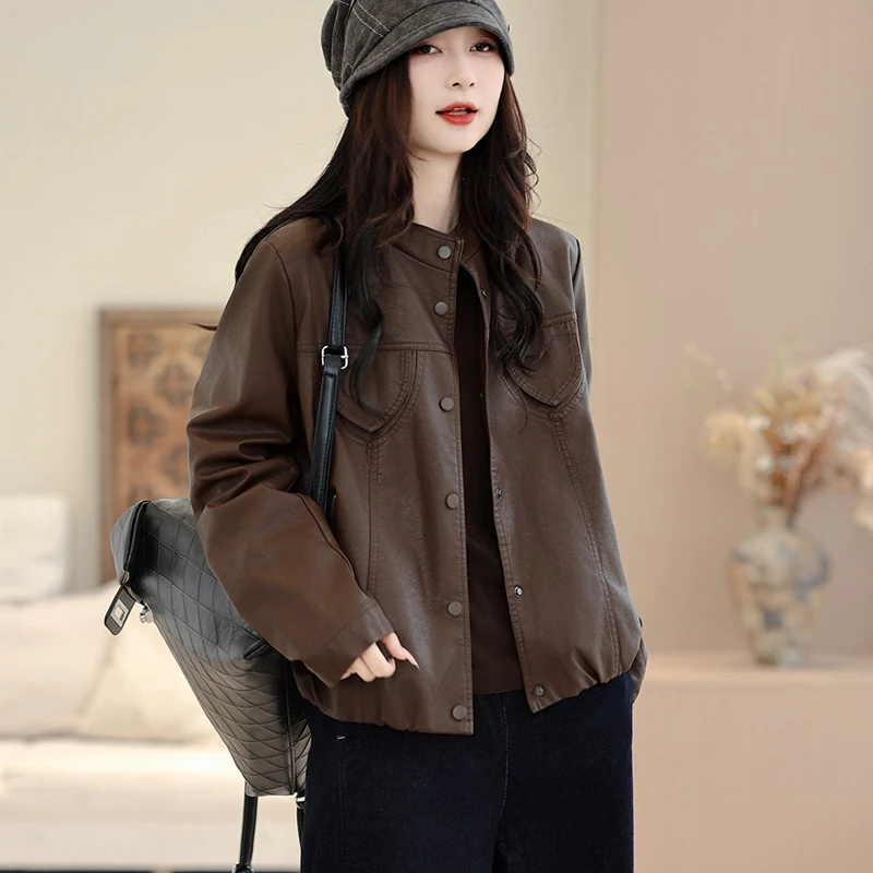 Jaquetas de Moda Primavera 2026 Masss Wasss para Mulheres, Casacos de Couro Sintético Vintage, Estilo Clássico Casual, Soltos e Sólidos