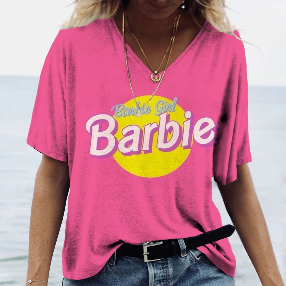 Classic Pink Girl Barbie T-shirt Women\'s Short sleeved 3D Printed T-shirt Summer V-neck T-shirt Top Pattern T-shirt