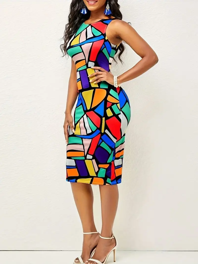 Bequemes, ärmelloses Kleid mit Rundhalsausschnitt für Damen, schmal geschnitten, mittellang, figurbetont, im Business-Stil. – Detail 3