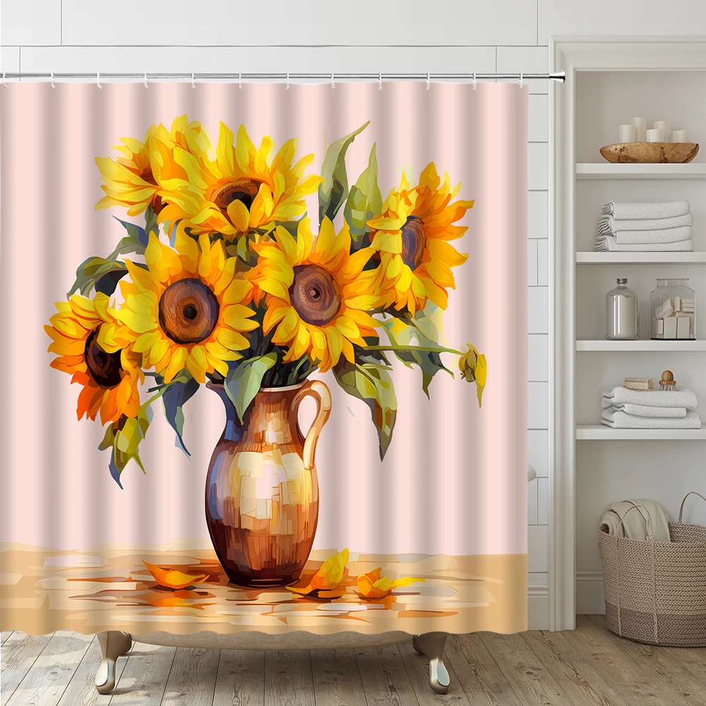 4Pcs Watercolor Sunflower Shower Curtain Set Non-Slip Rug Toilet Lid Cover Bath Mat Yellow Floral Bonsai Vase Bathroom Curtains