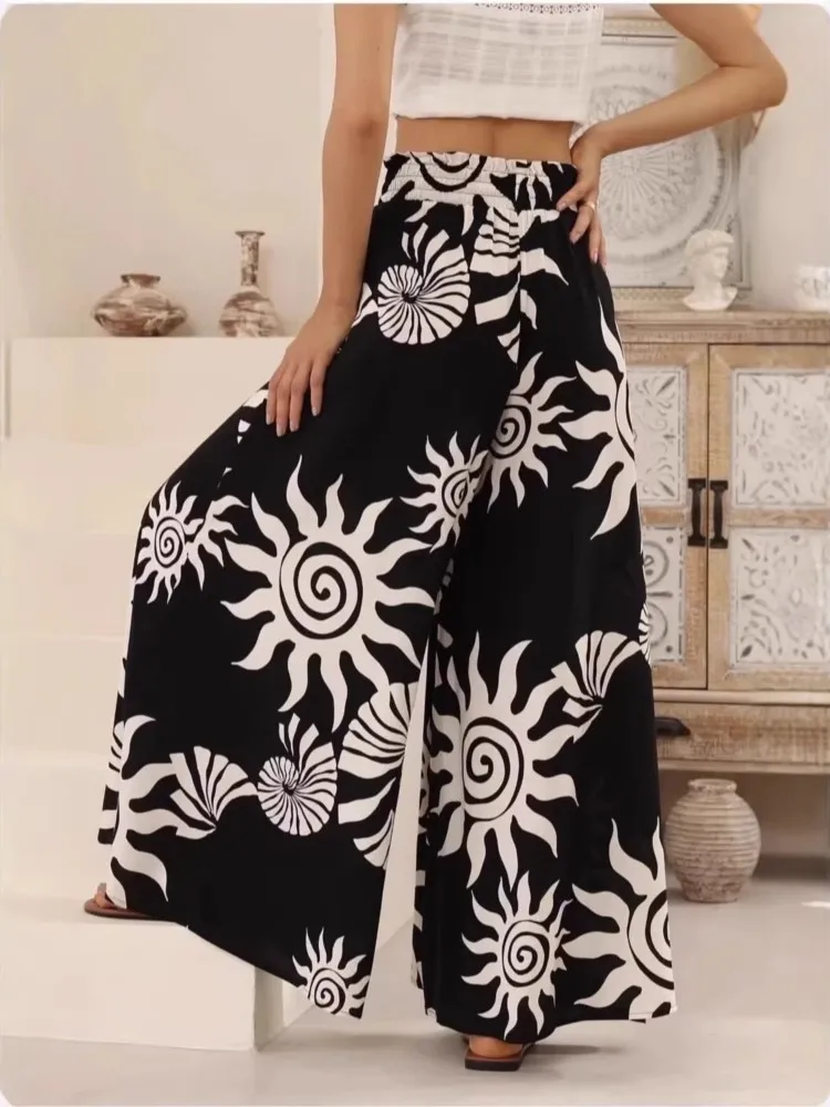 レディース ボヘミアン パラッツォパンツ ワイドレッグ ヨガ ラップタイアップ ウエストバンド ビーチカバーアップ トラウザーズ ソフトで通気性のあるルーズパンツ 2026年夏