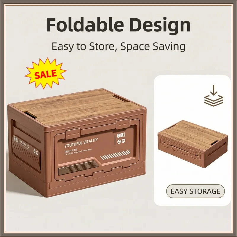Wooden Lid Folding Storage Box Portable Outdoor Camping Organizer Industrial Storage Bin For Car Trunk Household