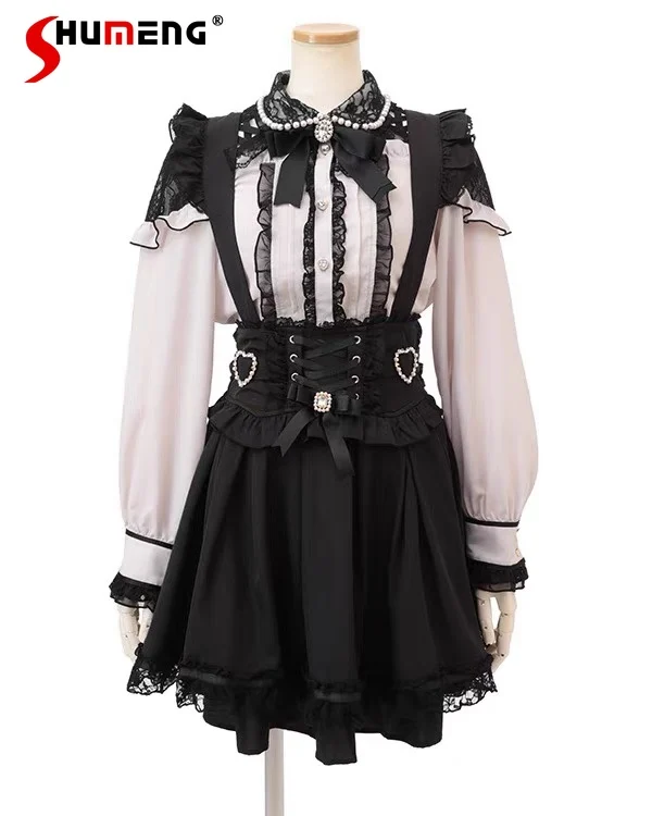 Women's Liz Lolita Skirt Womens Mine Style Mass Production Lace Edge Bow Love Rhinestone Black Strap Skirt Spring and Autumn