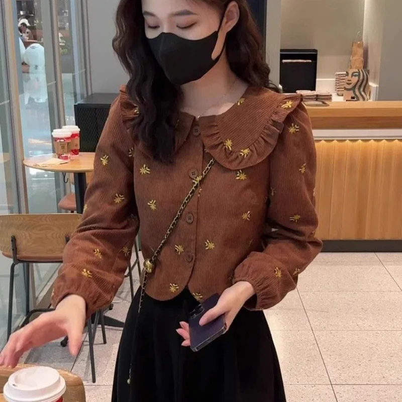 Vintage Fashion Autumn Women Peter Pan Collar Edible Tree Fungus Embroidered Sweet Long Sleeve Short Corduroy Shirts Coats Tops