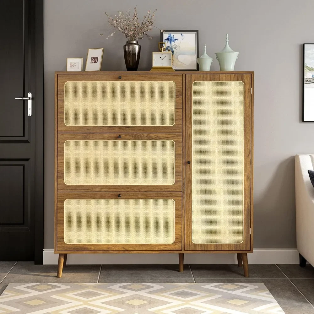 Natural Rattan Shoe Cabinet, Shoe Cabinet with 3 Flip Drawers and Storage Shelves, Modern 3-Tier Shoe Rack Storage Cabinet