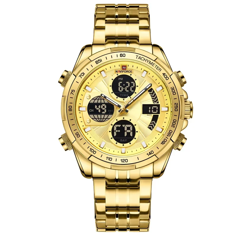 Top Luxury NAVIFORCE Gold Watches for Men Quartz Military Digital Sports Wrist Watch Steel Band Waterproof Luminous Alarm Clock