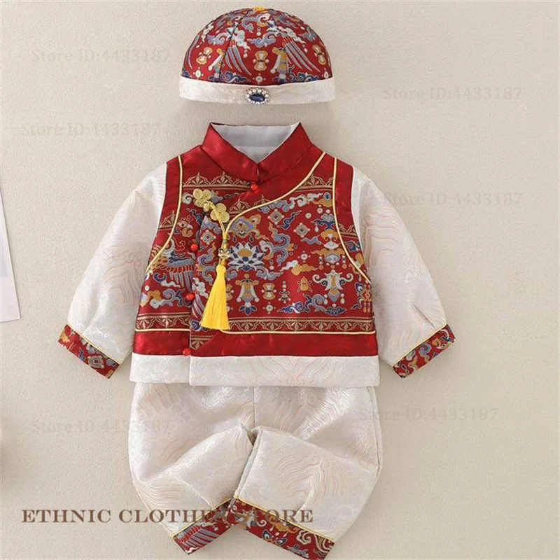 Китайский традиционный детский костюм Тан, парчовый топ ханьфу, брюки, наряд на сто дней, один год, костюм, одежда для фотосъемки