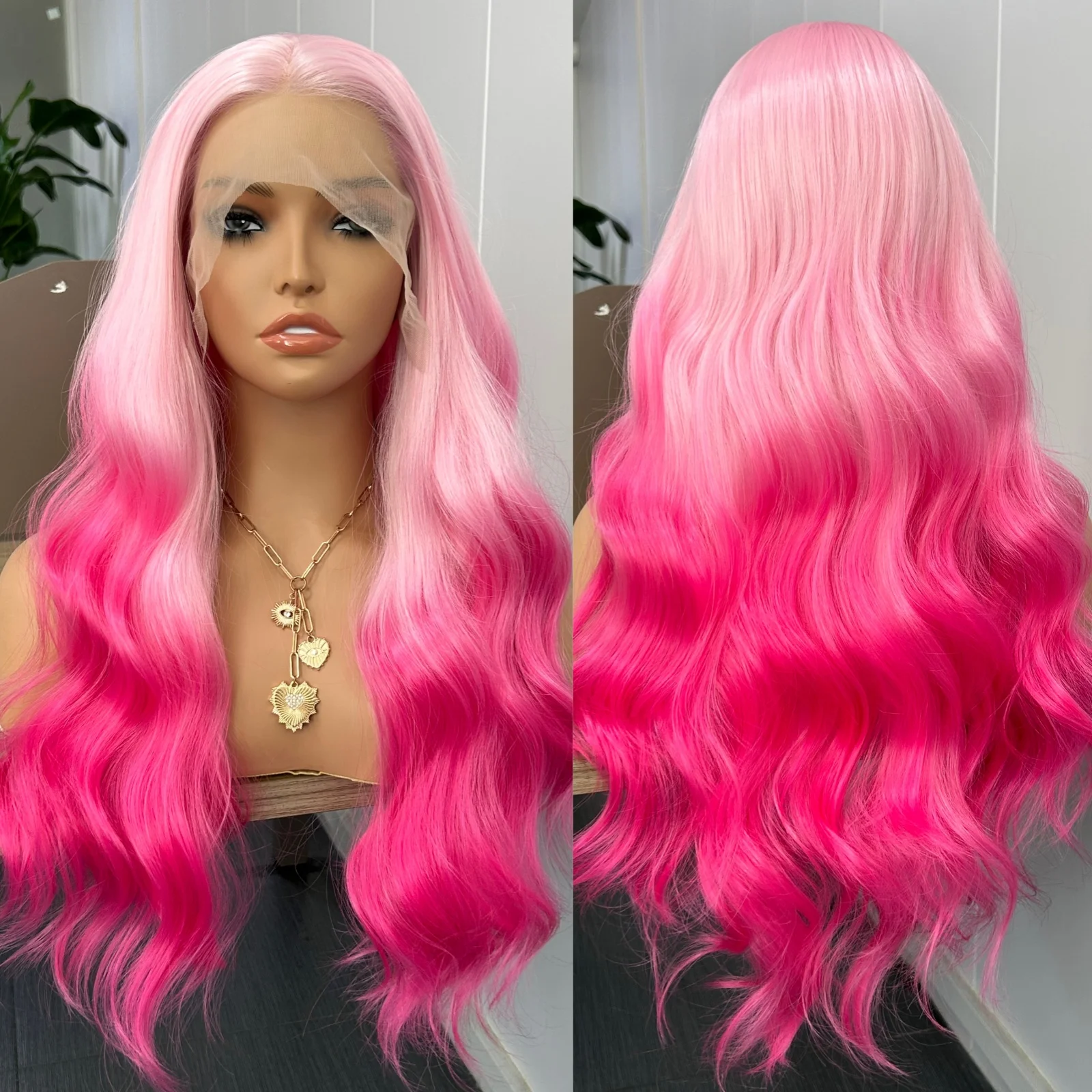 

Hot Pink Body Wave Wig Ombre Pink Synthetic Hair Long Natural Wavy Heat Resistant Pre Plucked Glueless Colored Wigs for Women