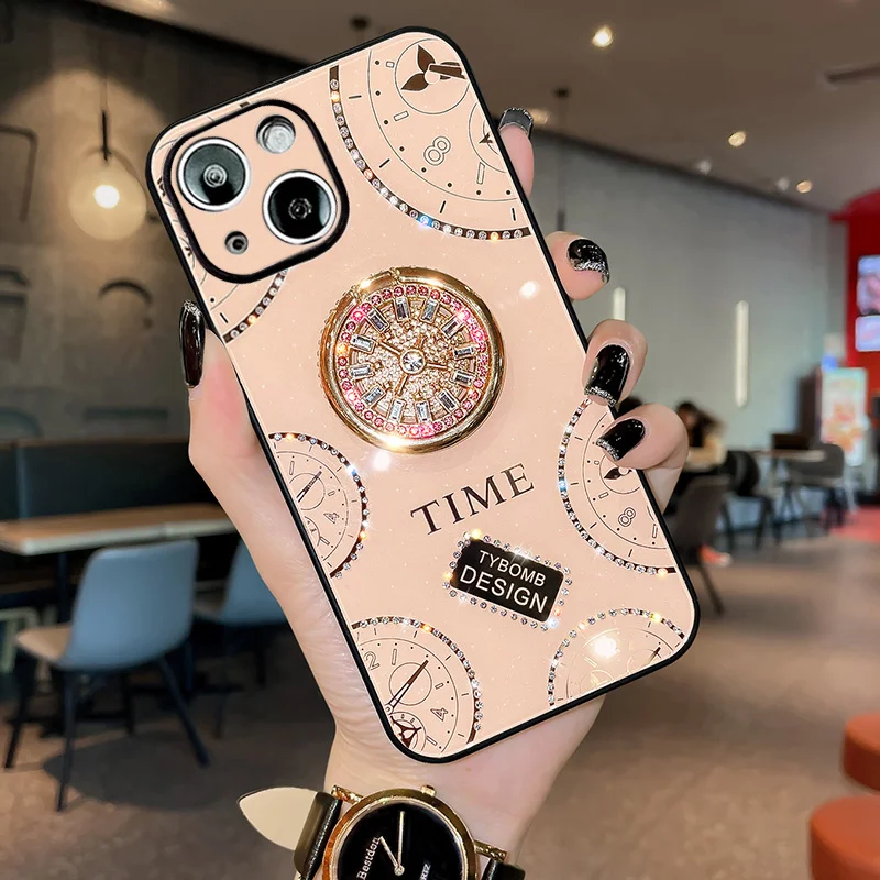 Luxury Diamond Glitter Ring Bracket Phone Case For iPhone 14 13 12 11 Pro X XR XS MAX 7 8 Plus SE2020 Clock Cover